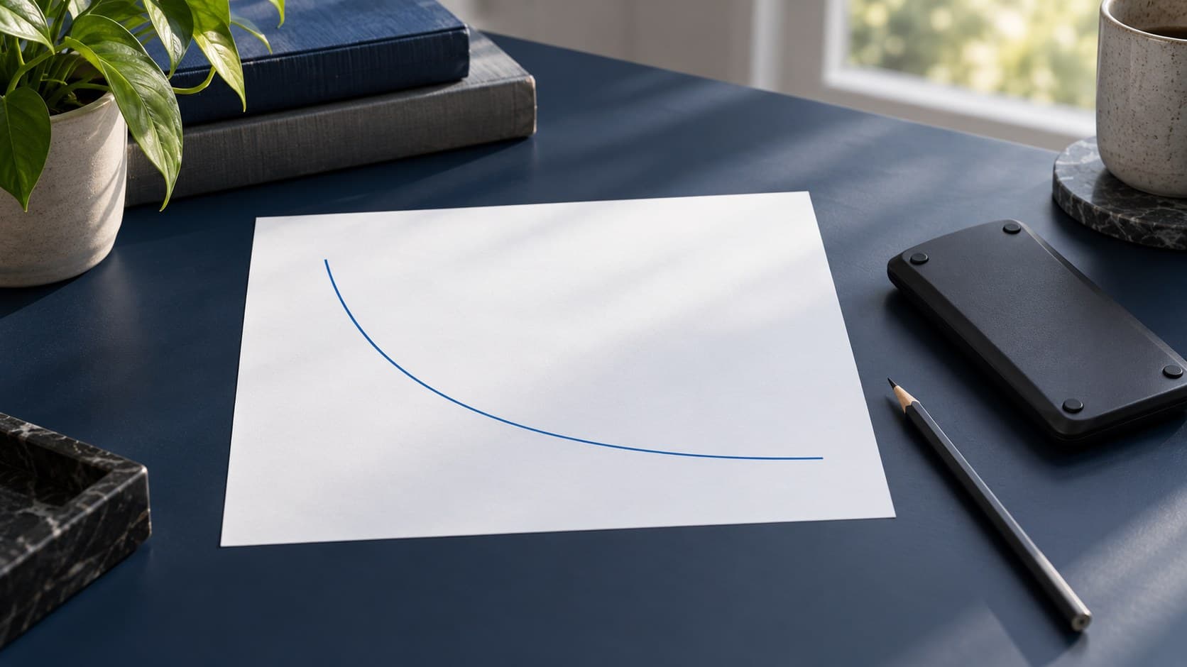 An unlabelled blue convex curve on white paper beside a dark calculator and pencil on a navy desk.