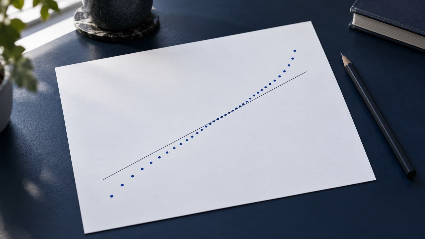 A navy desk holds an unlabelled graph sheet with plotted dots bending away from a straight diagonal line and a pencil beside it.