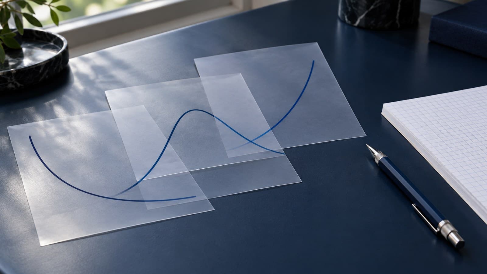 Three translucent sheets bearing separate blue curves overlap on a navy desk beside a pencil and blank graph paper.