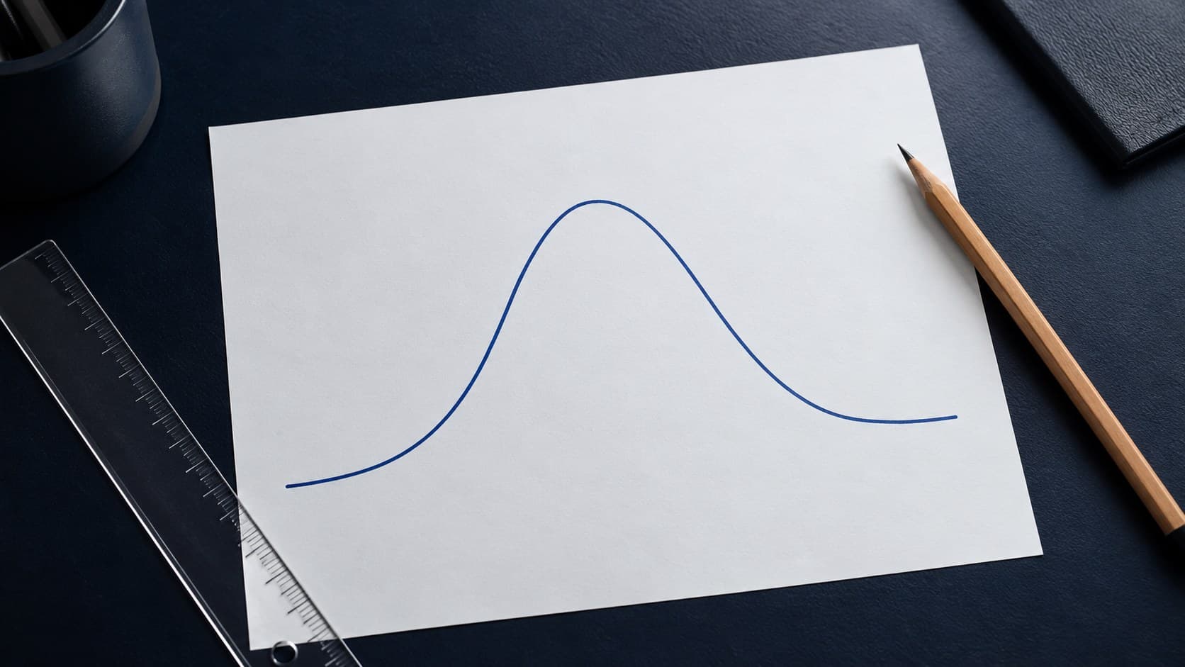 An unlabelled probability curve drawn on white paper beside a pencil and ruler on a navy desk.