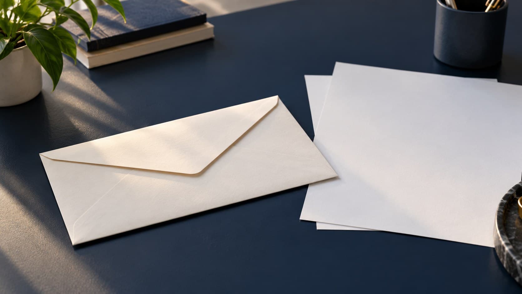 A closed blank envelope rests beside unmarked sheets of paper on a navy desk in soft daylight.