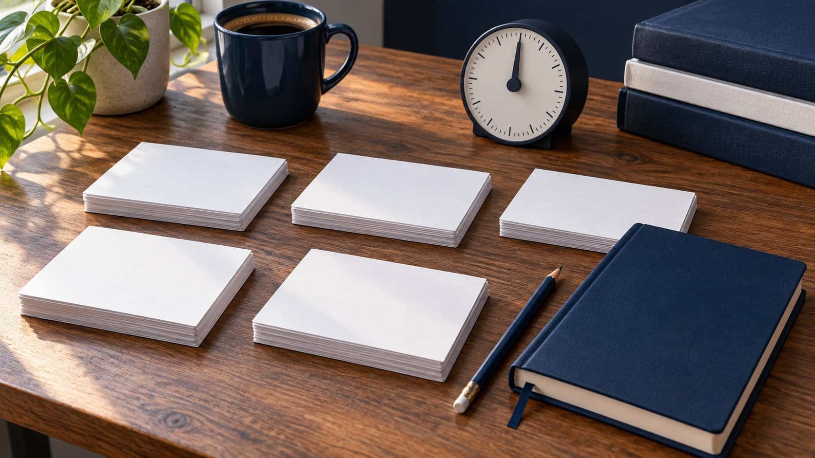 Blank study cards, an unmarked timer, a pencil and navy notebooks sit on a wooden desk.