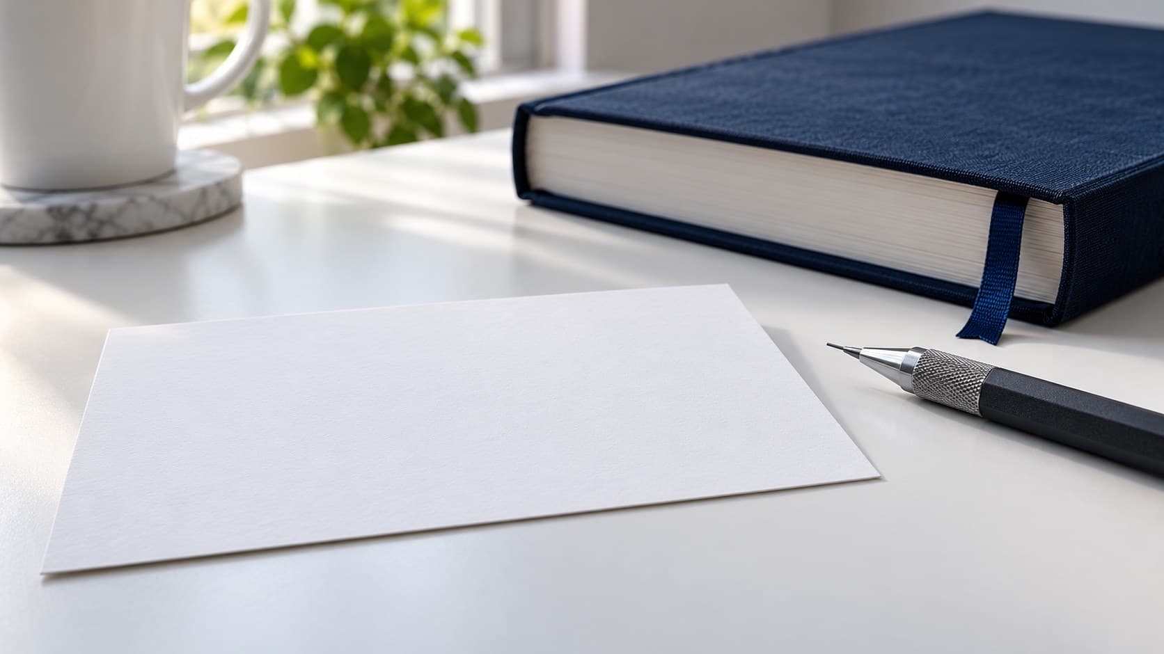 A blank white question card and mechanical pencil sit in front of a closed navy book with a blue ribbon bookmark.