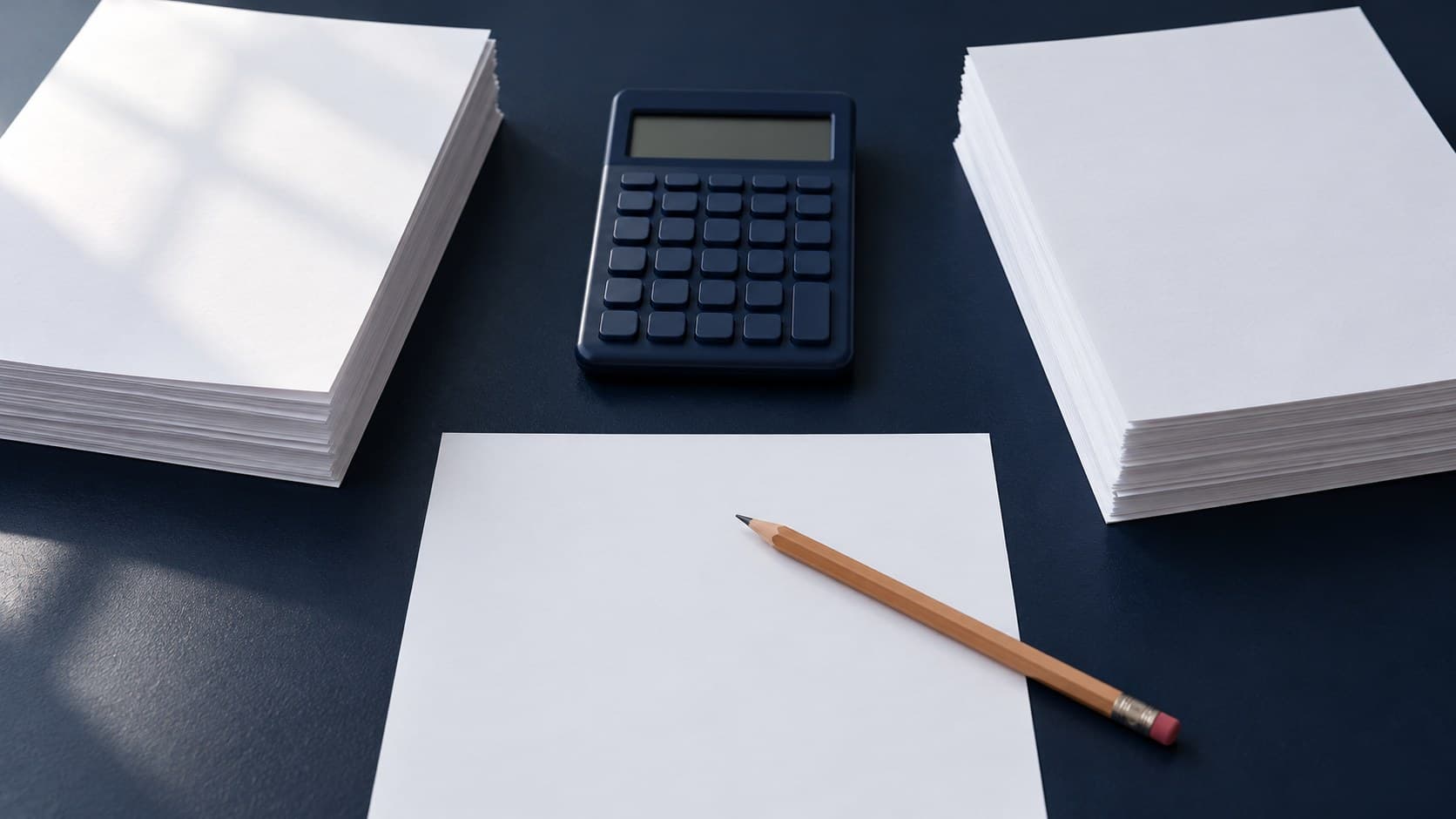 Two stacks of blank paper flank a dark calculator on a navy desk, with a pencil resting on another blank sheet.