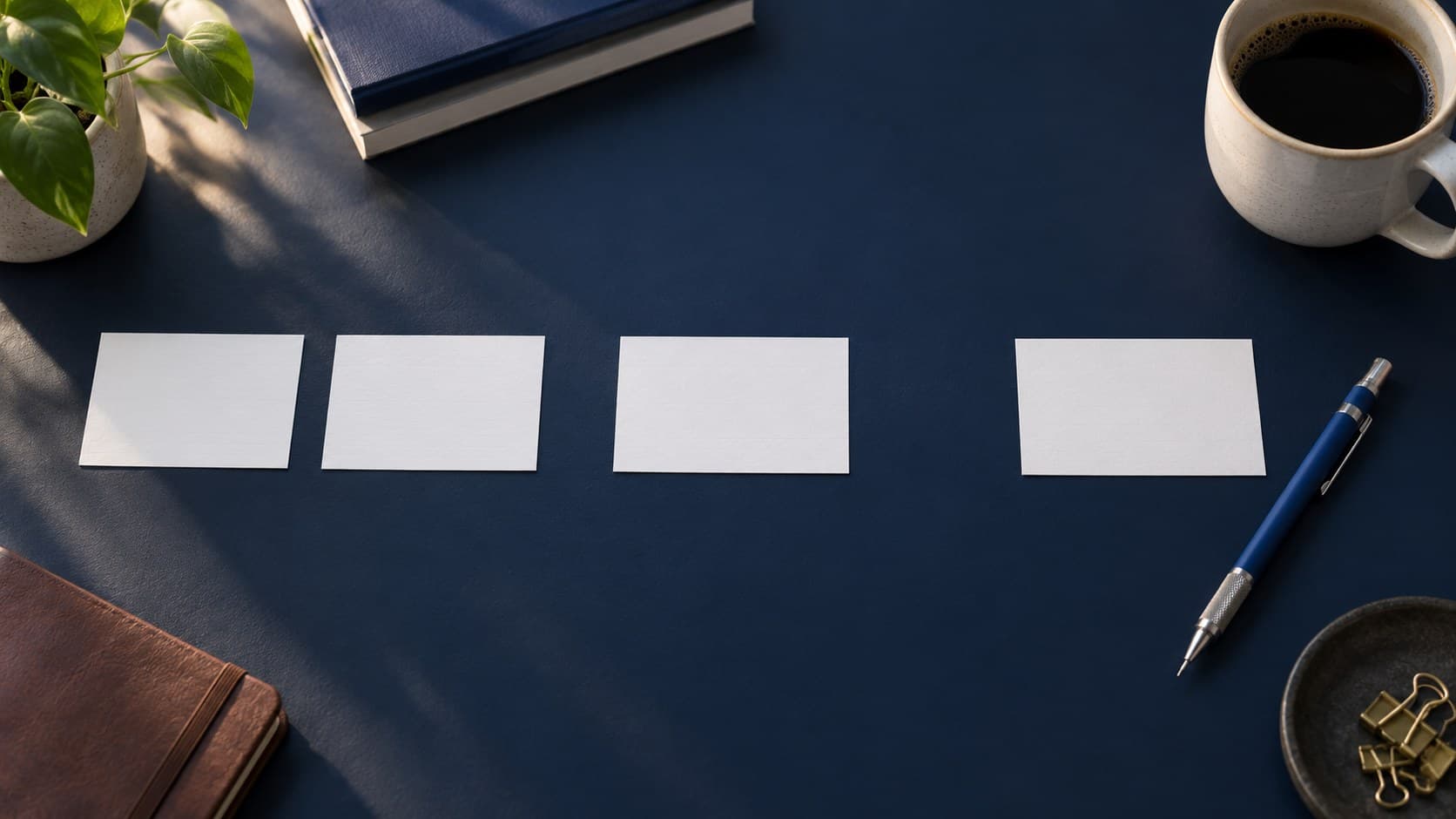 Four blank white index cards sit at increasing intervals across a navy desk beside a blue pencil and a plain coffee cup.