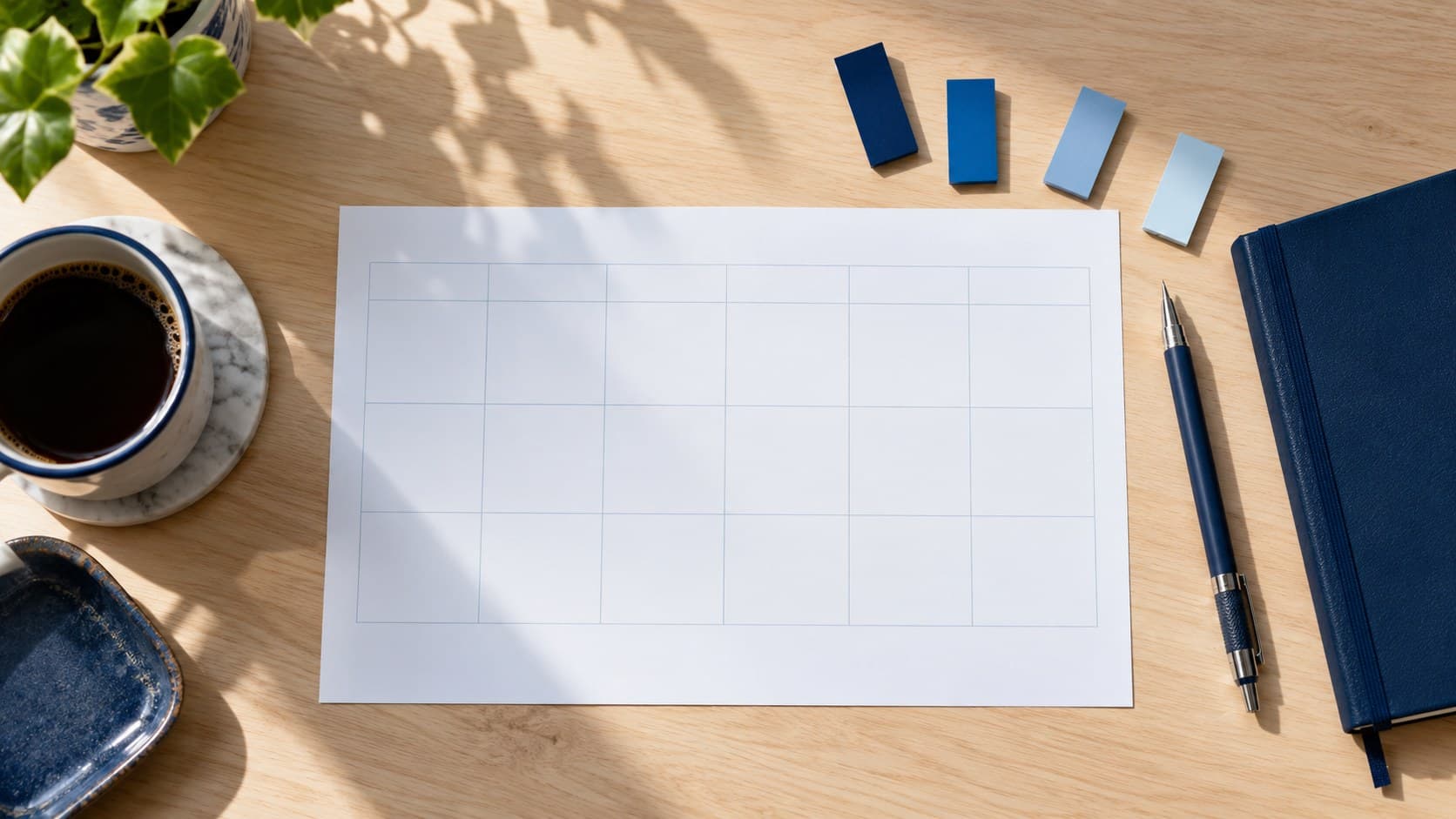 A blank weekly grid, blue paper tabs, pen and closed navy notebook on a sunlit desk.