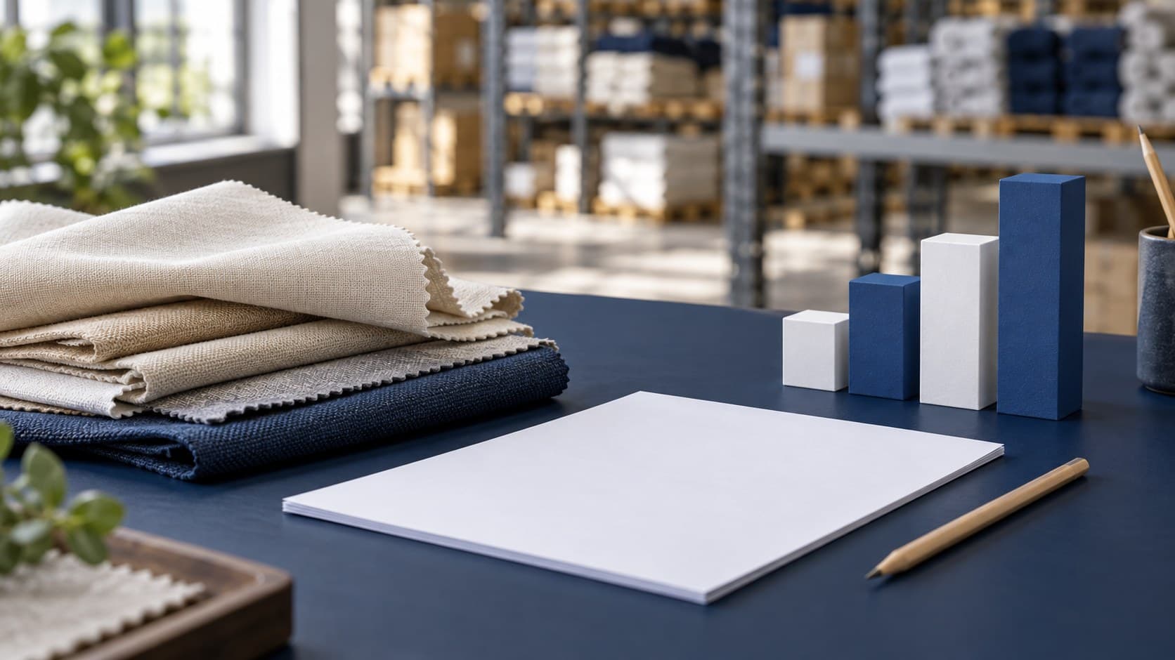 A navy desk holds fabric swatches, a blank supplier document and a pencil beside an unlabelled cost chart.