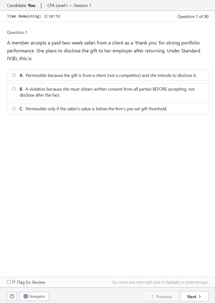 Full mock exam — CFA Level I, exam-realistic vignette and timer