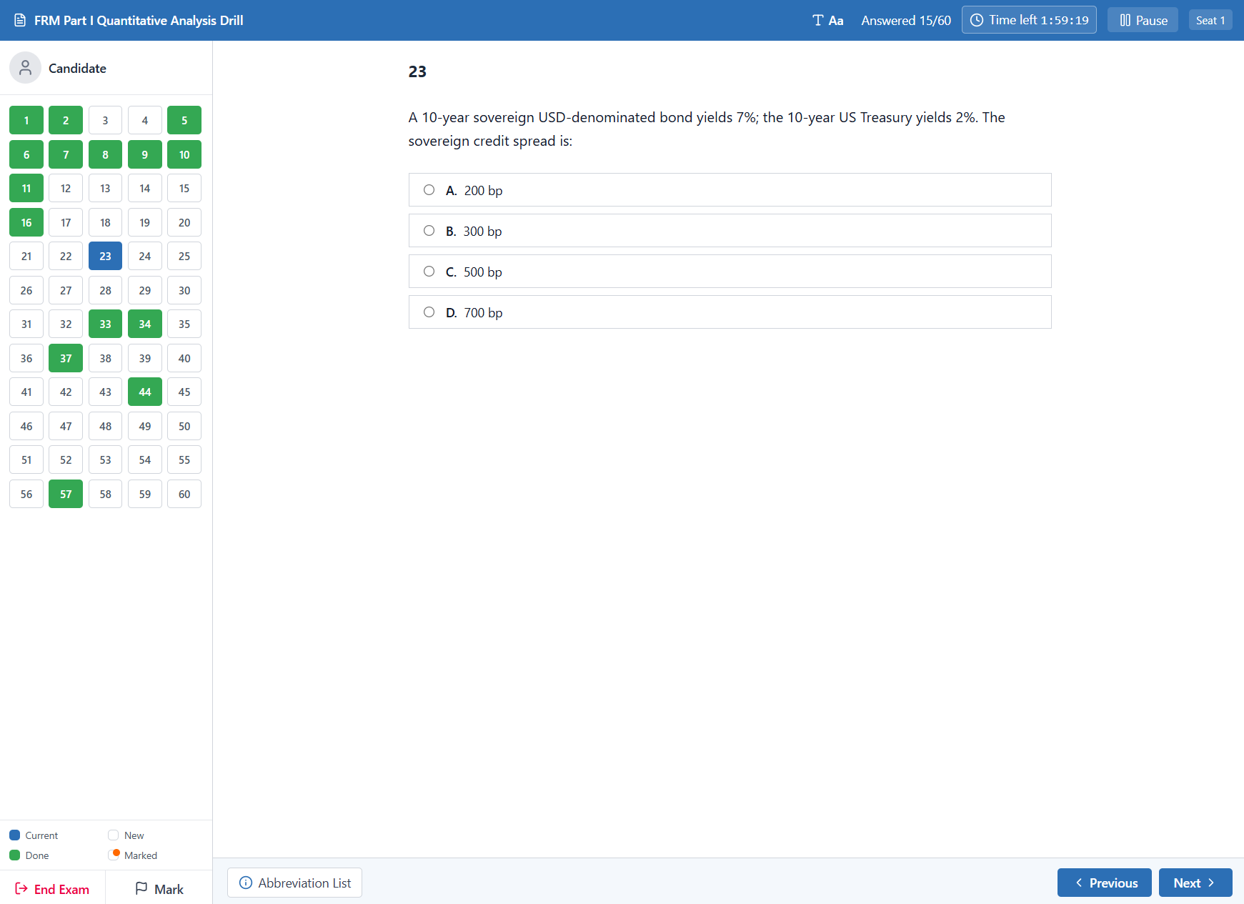 Full mock exam — FRM Part I, question navigator and exam timer